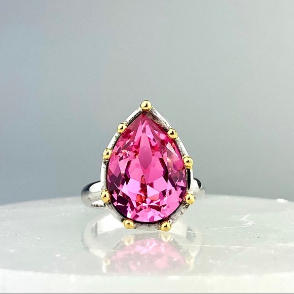 Platinum Overlay Sterling Silver French Pink Cubic Zirconium Ring 9.5 Statement - Picture 1 of 8